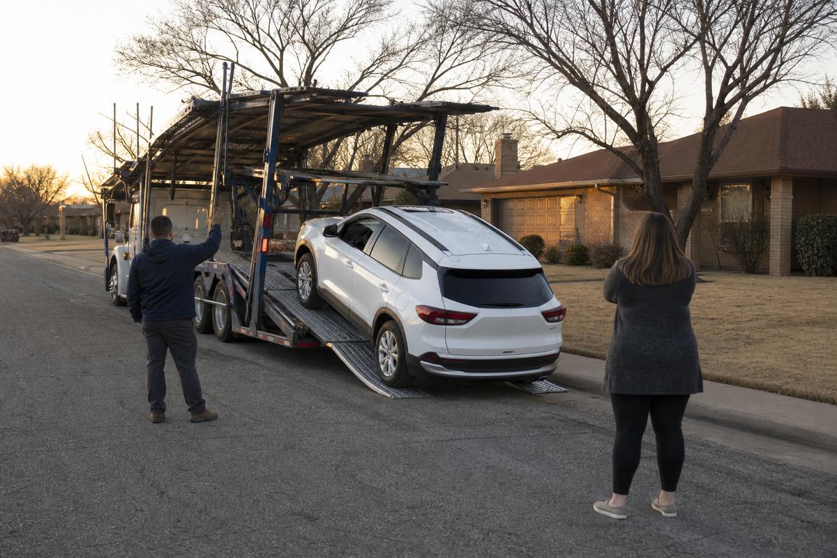 Car delivery in Lubbock An SUV being driven down the ramps off an open carrier at delivery
