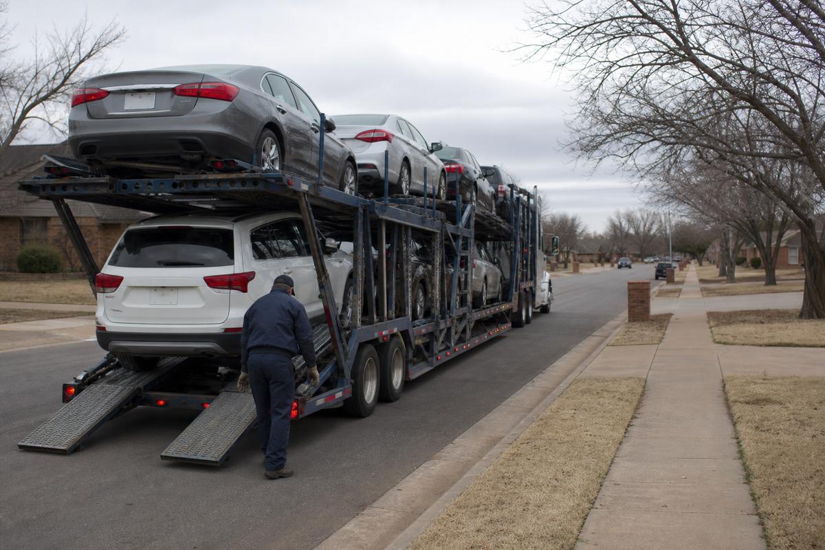 Car shipping in Lubbock An open auto carrier unloading on a residential street