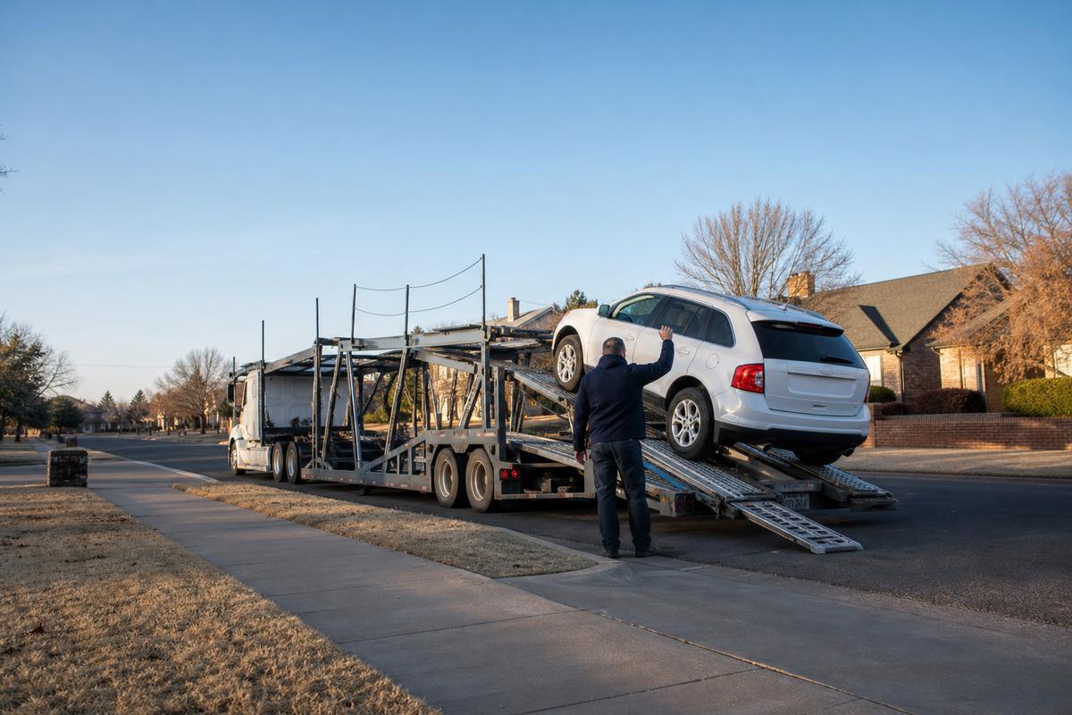 Car pickup in Lubbock An SUV being driven up the ramps onto an open carrier at the curb