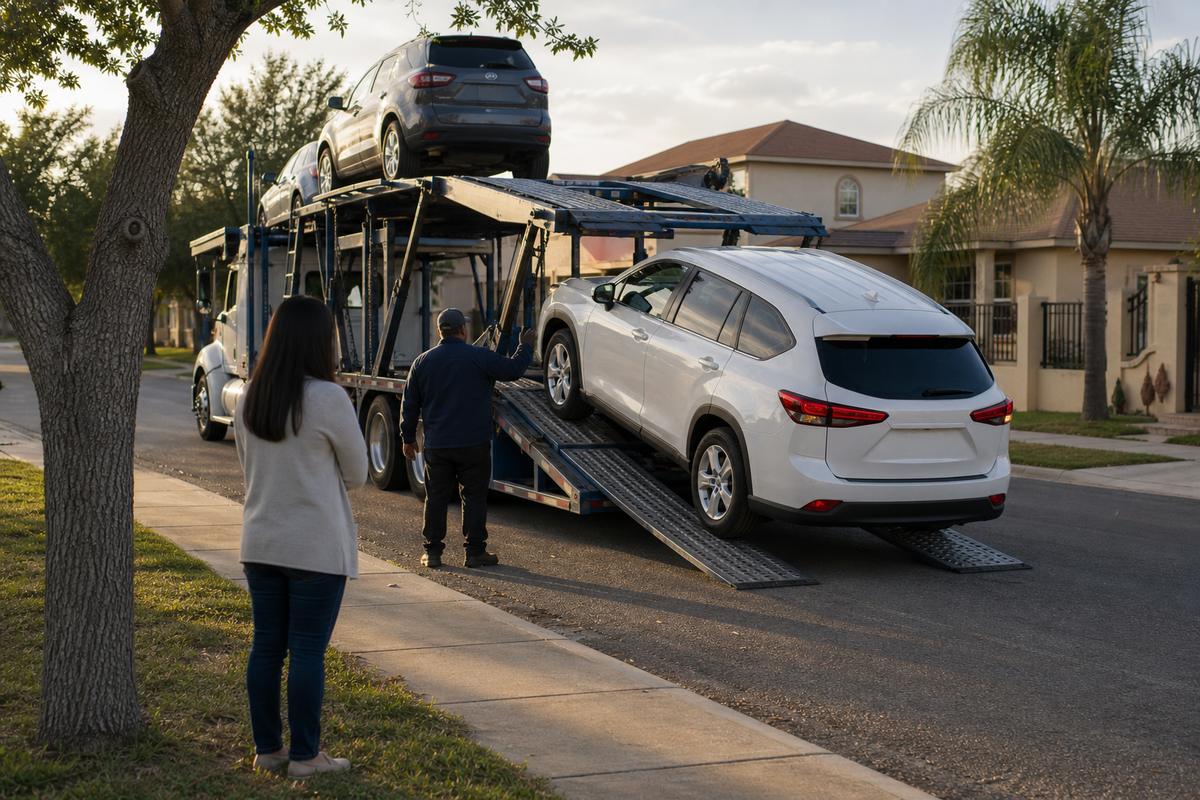 Car delivery in McAllen An SUV being driven down the ramps off an open carrier at delivery