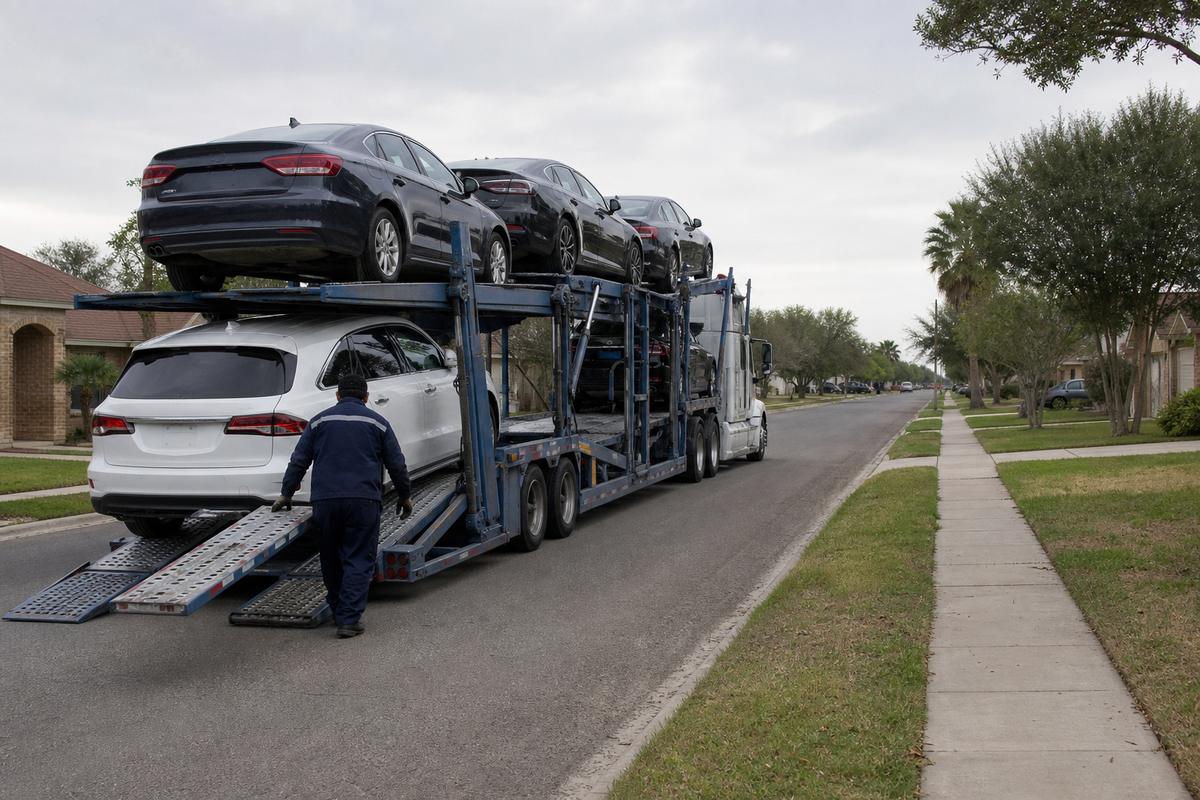 Car shipping in McAllen An open auto carrier unloading on a residential street