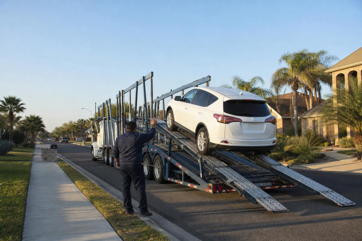 Car pickup in McAllen An SUV being driven up the ramps onto an open carrier at the curb