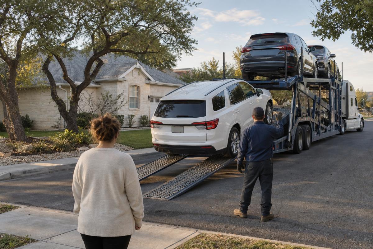 Car delivery in New Braunfels An SUV being driven down the ramps off an open carrier at delivery