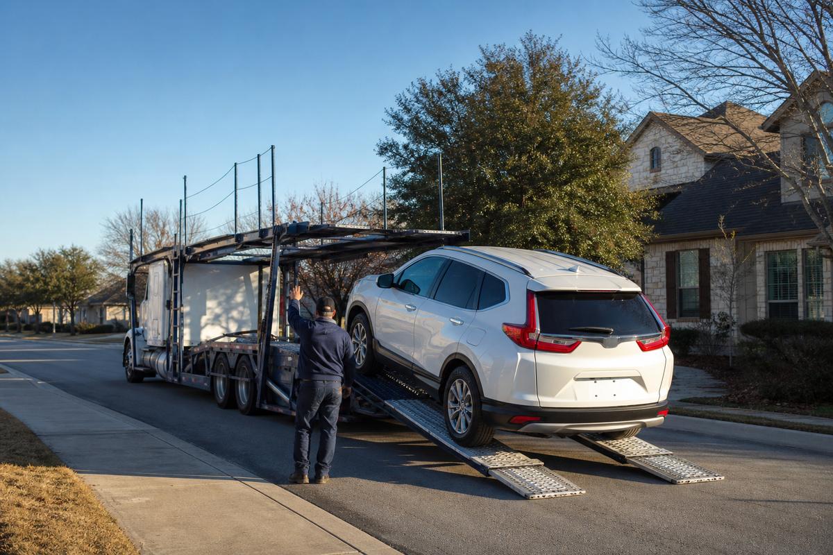 Car pickup in New Braunfels An SUV being driven up the ramps onto an open carrier at the curb