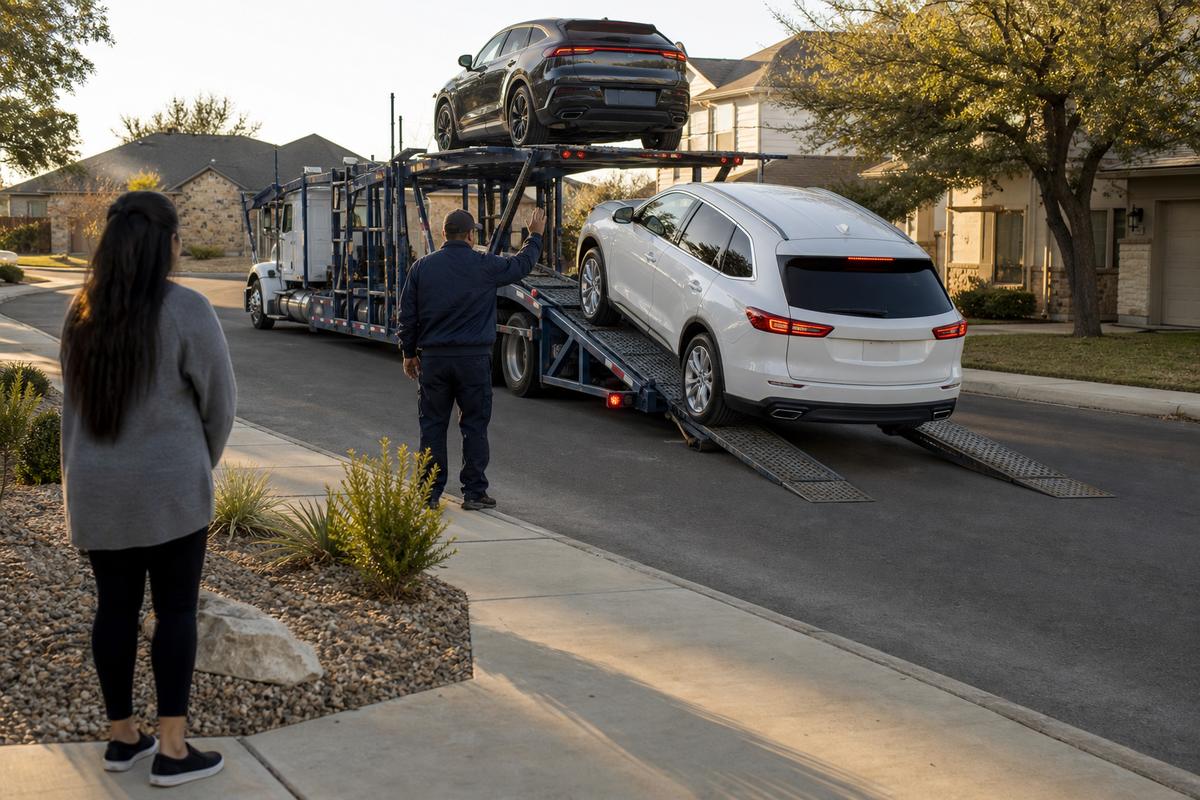 An SUV being driven down the ramps off an open carrier at delivery