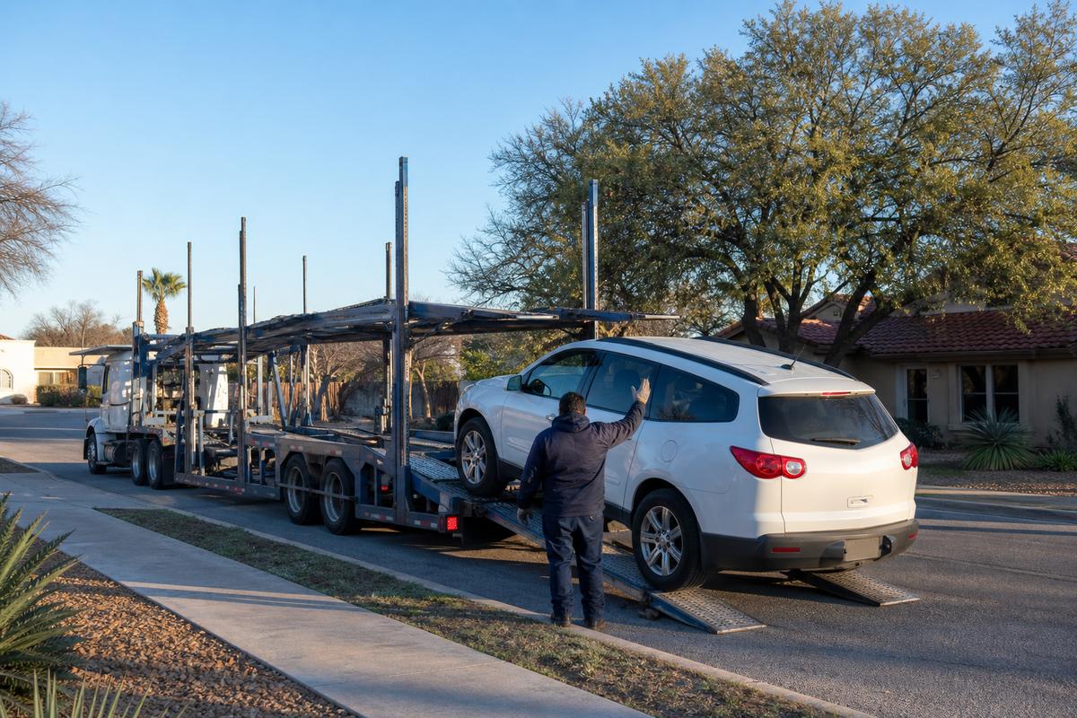 An SUV being driven up the ramps onto an open carrier at the curb