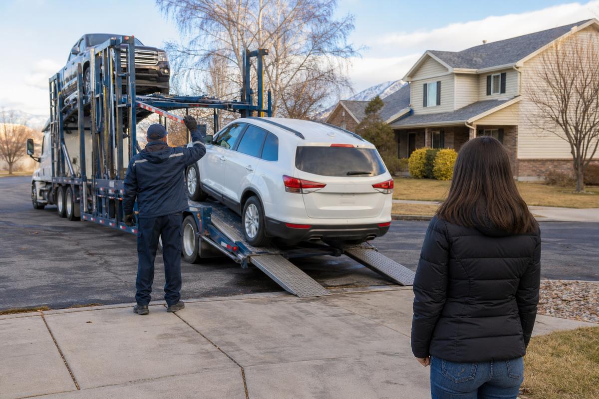 Car delivery in Orem An SUV being driven down the ramps off an open carrier at delivery