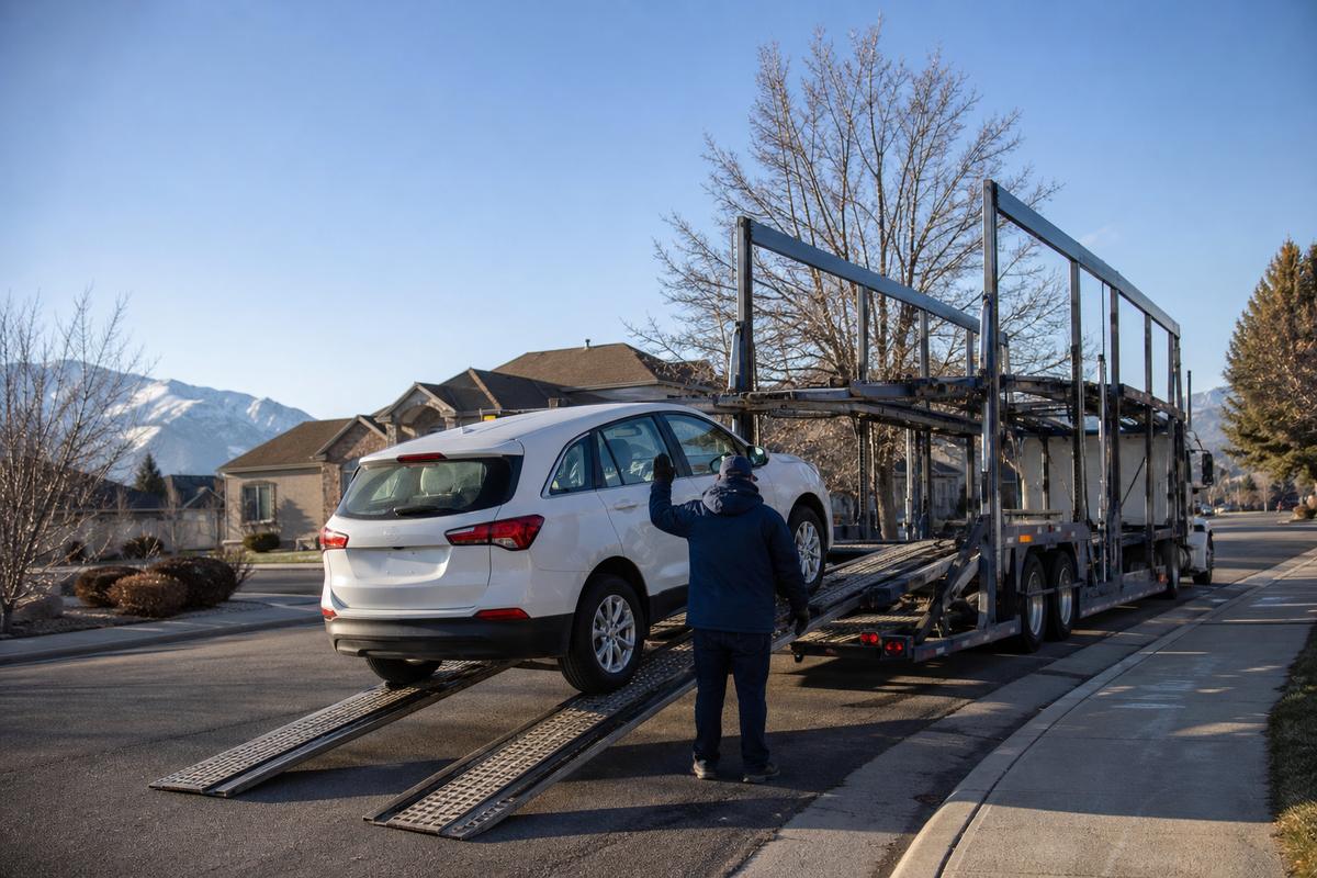Car pickup in Orem An SUV being driven up the ramps onto an open carrier at the curb