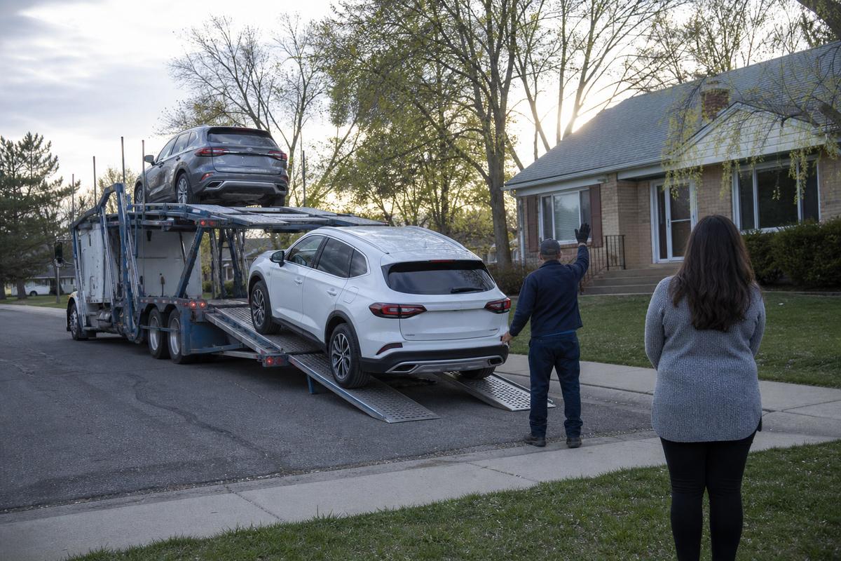An SUV being driven down the ramps off an open carrier at delivery
