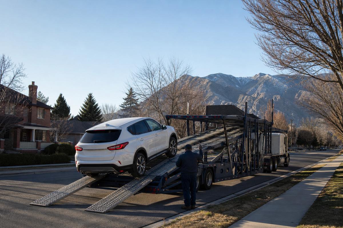 An SUV being driven up the ramps onto an open carrier at the curb