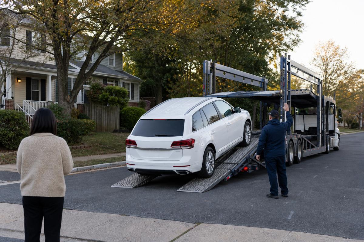 An SUV being driven down the ramps off an open carrier at delivery