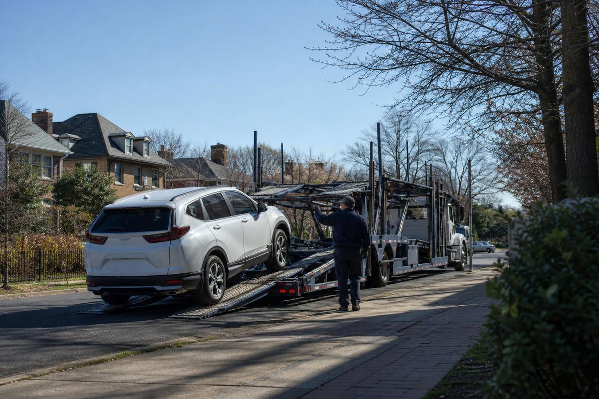 An SUV being driven up the ramps onto an open carrier at the curb
