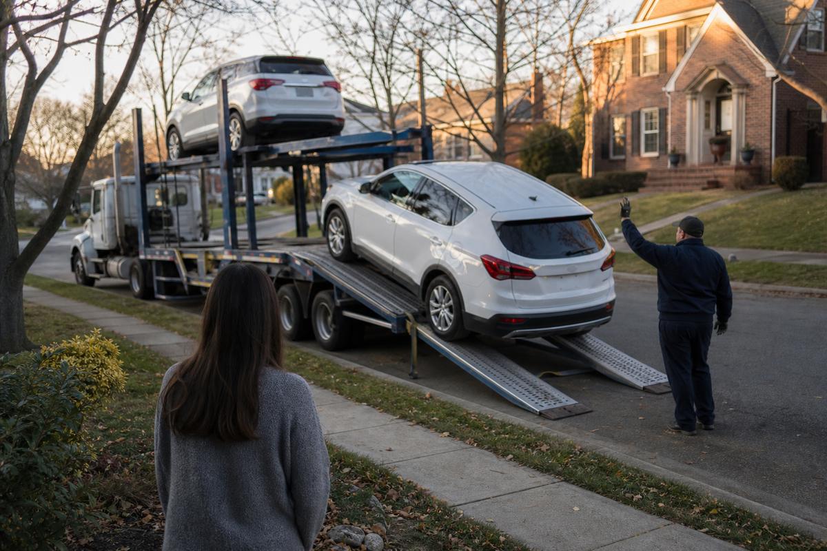 An SUV being driven down the ramps off an open carrier at delivery