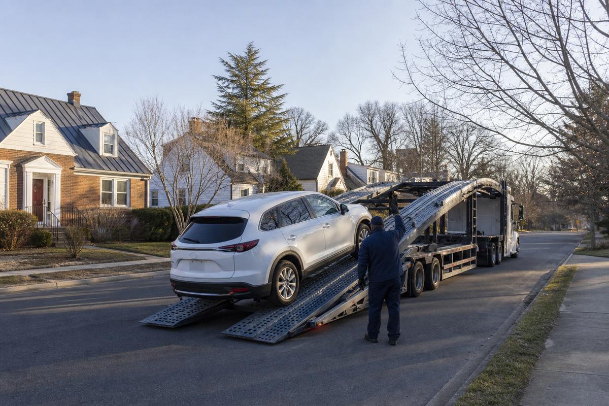 An SUV being driven up the ramps onto an open carrier at the curb