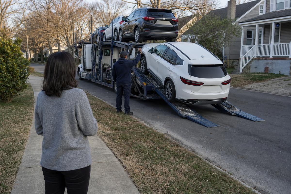 An SUV being driven down the ramps off an open carrier at delivery