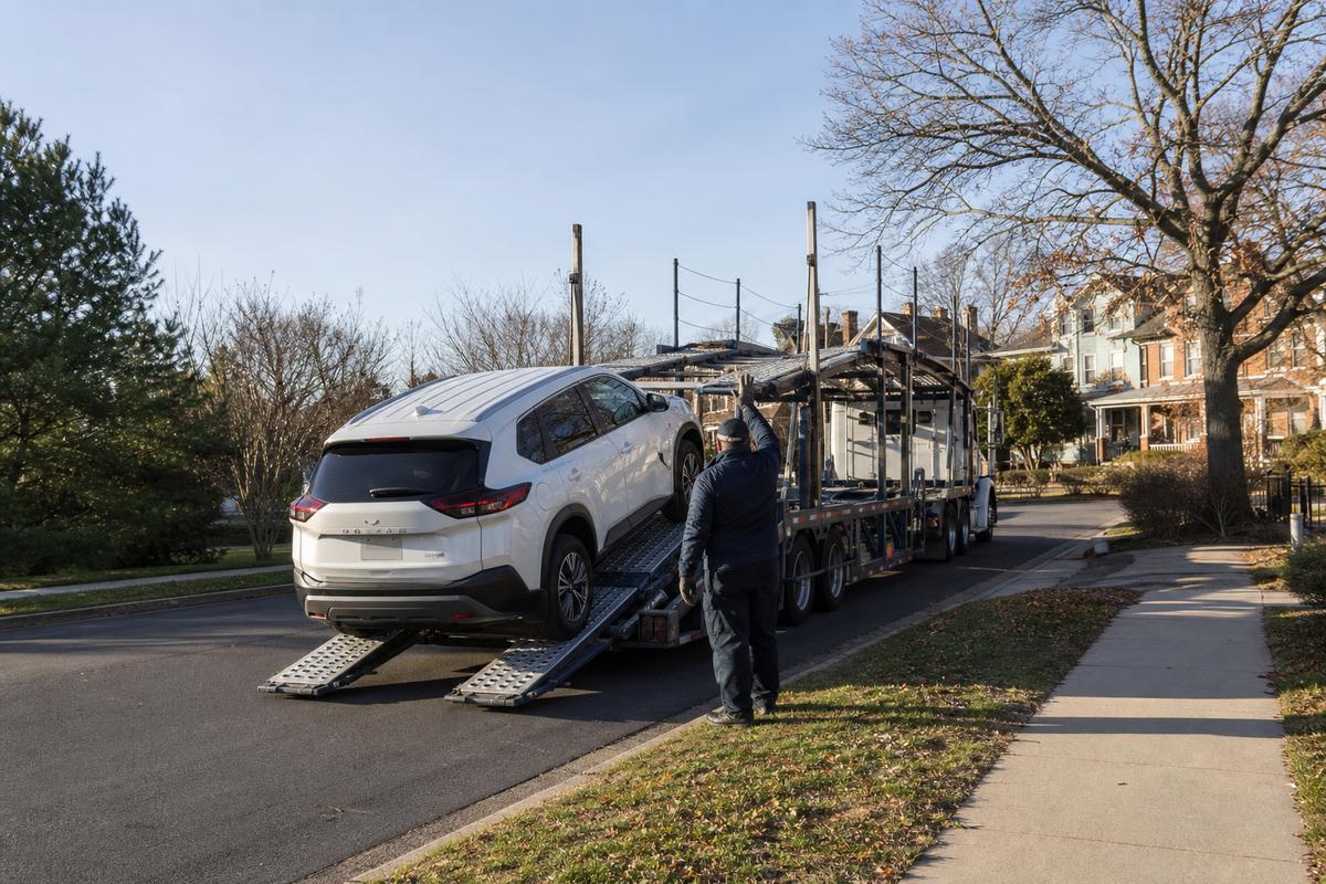 An SUV being driven up the ramps onto an open carrier at the curb