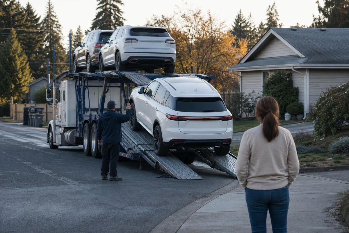 Car delivery in Everett An SUV being driven down the ramps off an open carrier at delivery