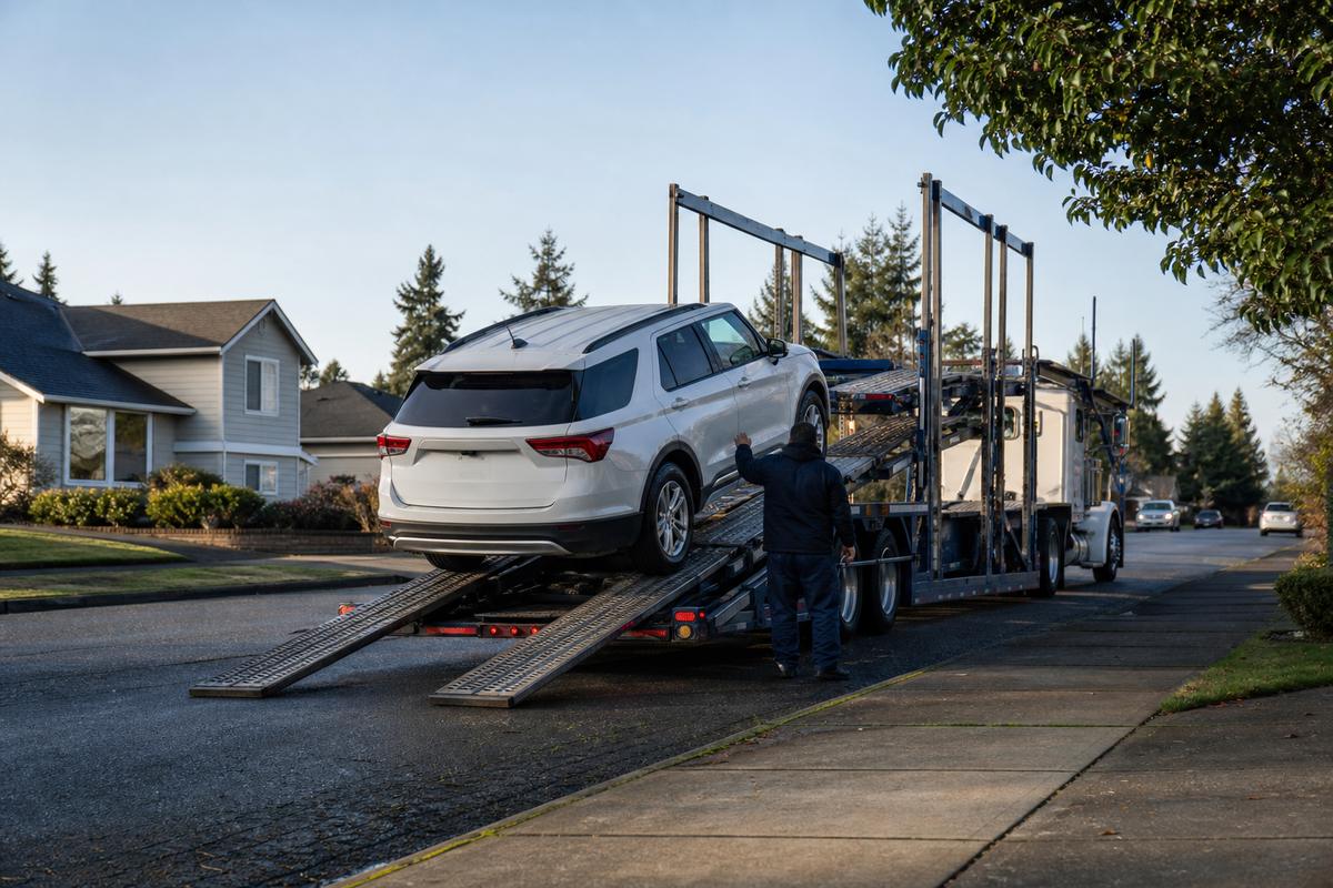 Car pickup in Everett An SUV being driven up the ramps onto an open carrier at the curb