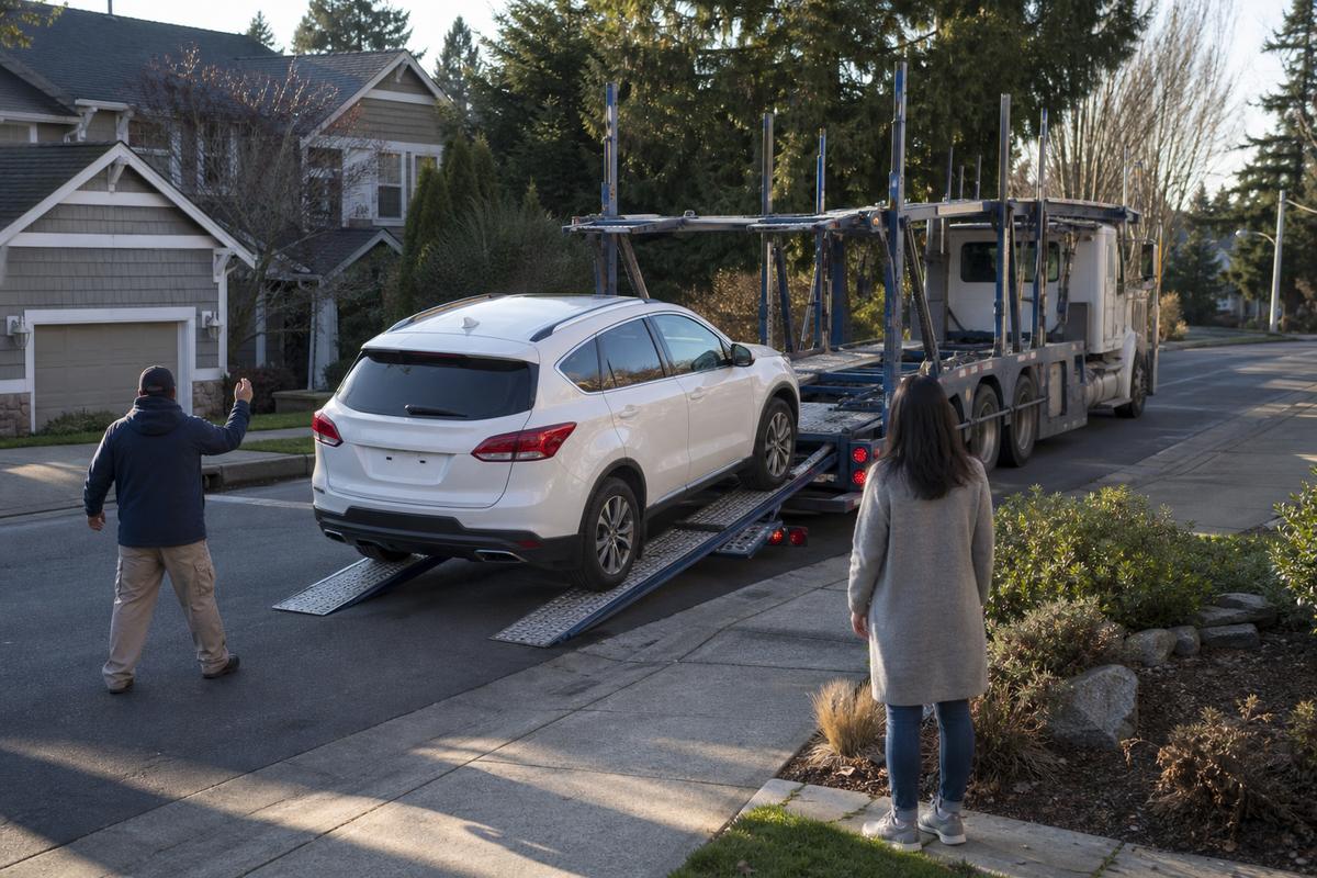 An SUV being driven down the ramps off an open carrier at delivery