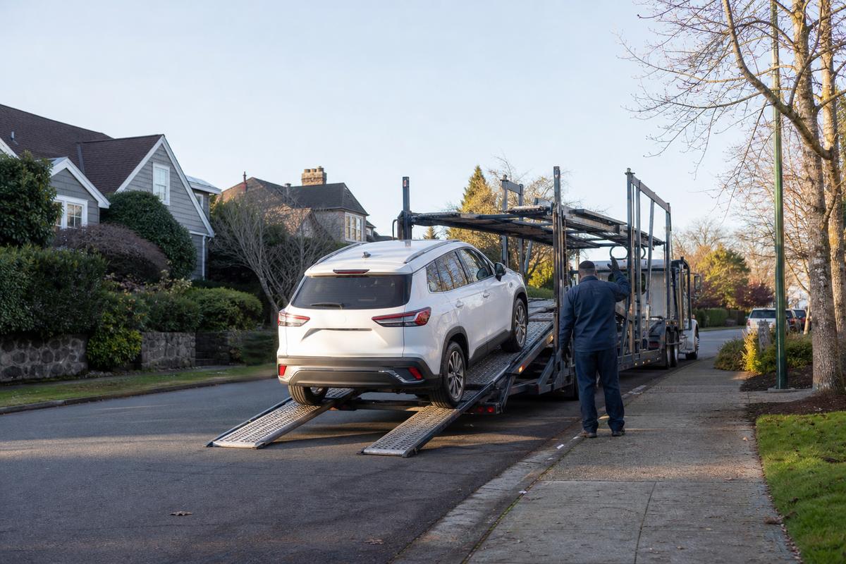 An SUV being driven up the ramps onto an open carrier at the curb