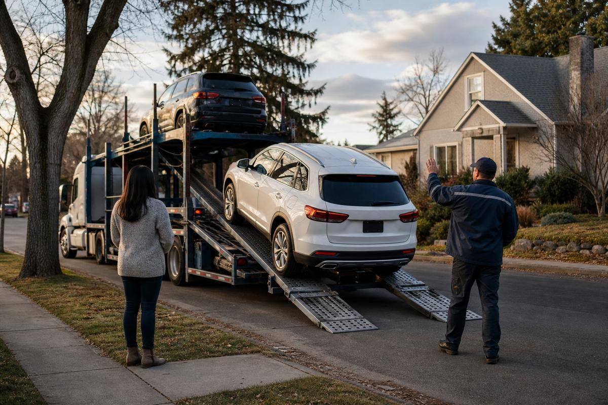 An SUV being driven down the ramps off an open carrier at delivery