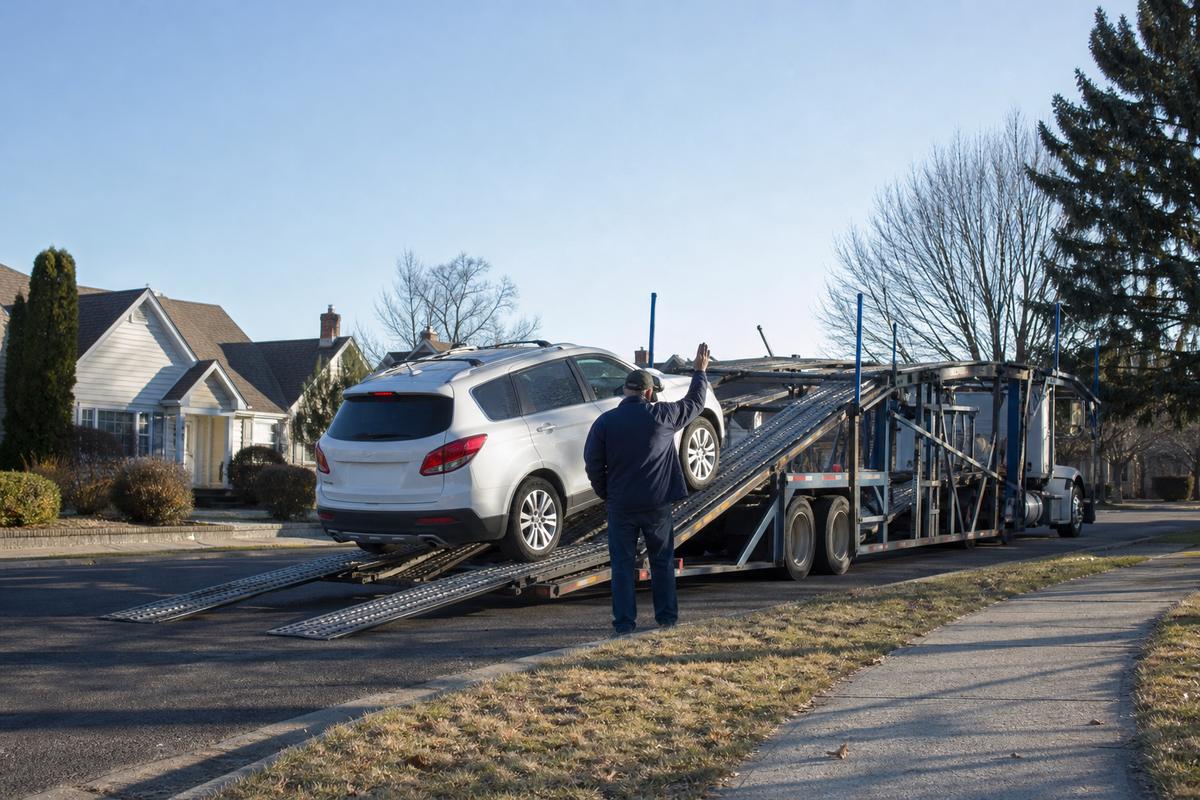 An SUV being driven up the ramps onto an open carrier at the curb