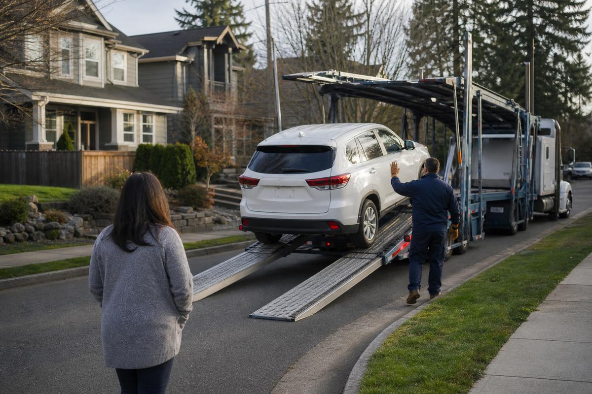 Car delivery in Tacoma An SUV being driven down the ramps off an open carrier at delivery