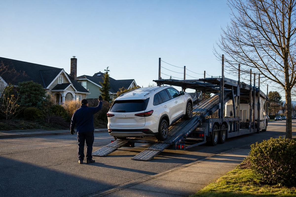 Car pickup in Tacoma An SUV being driven up the ramps onto an open carrier at the curb