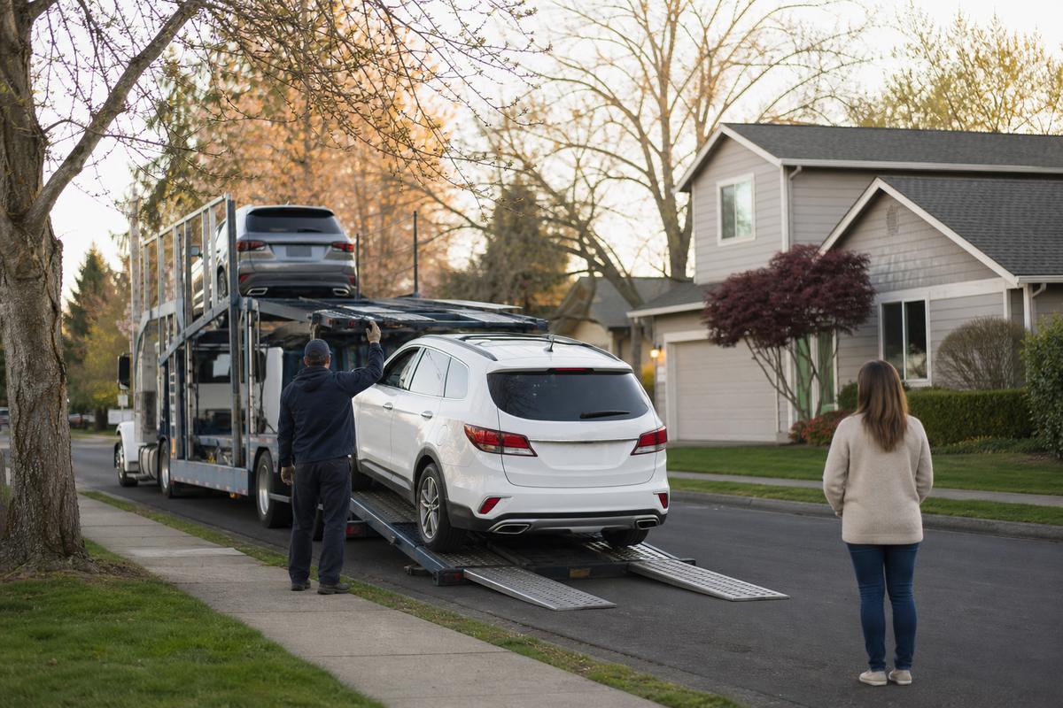 An SUV being driven down the ramps off an open carrier at delivery