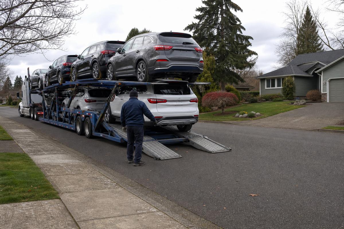 An open auto carrier unloading on a residential street