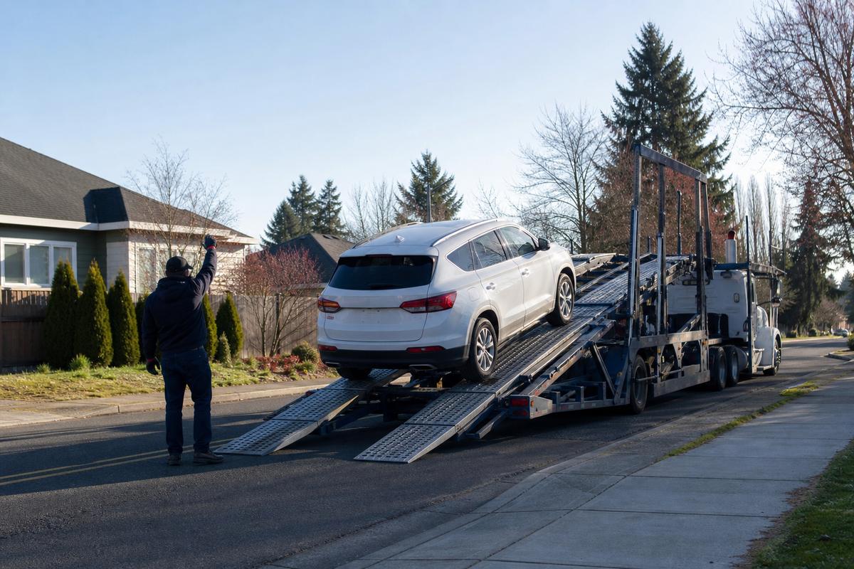 An SUV being driven up the ramps onto an open carrier at the curb