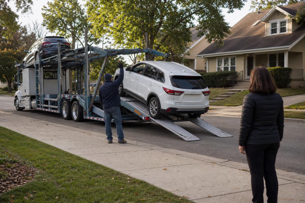 Car delivery in Madison An SUV being driven down the ramps off an open carrier at delivery