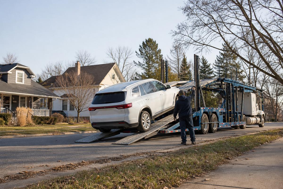 Car pickup in Madison An SUV being driven up the ramps onto an open carrier at the curb