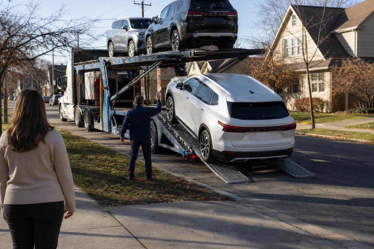 An SUV being driven down the ramps off an open carrier at delivery
