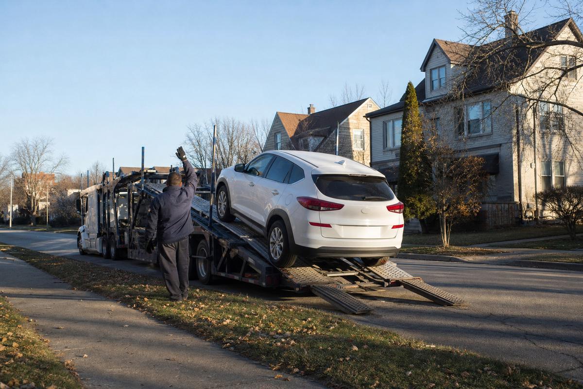 An SUV being driven up the ramps onto an open carrier at the curb