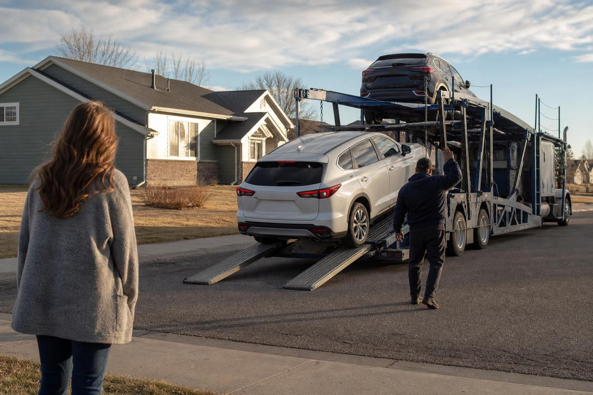 Car delivery in Cheyenne An SUV being driven down the ramps off an open carrier at delivery