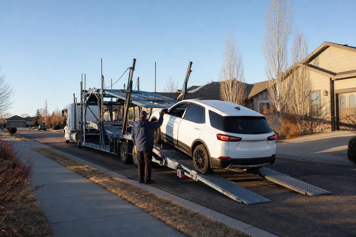Car pickup in Cheyenne An SUV being driven up the ramps onto an open carrier at the curb