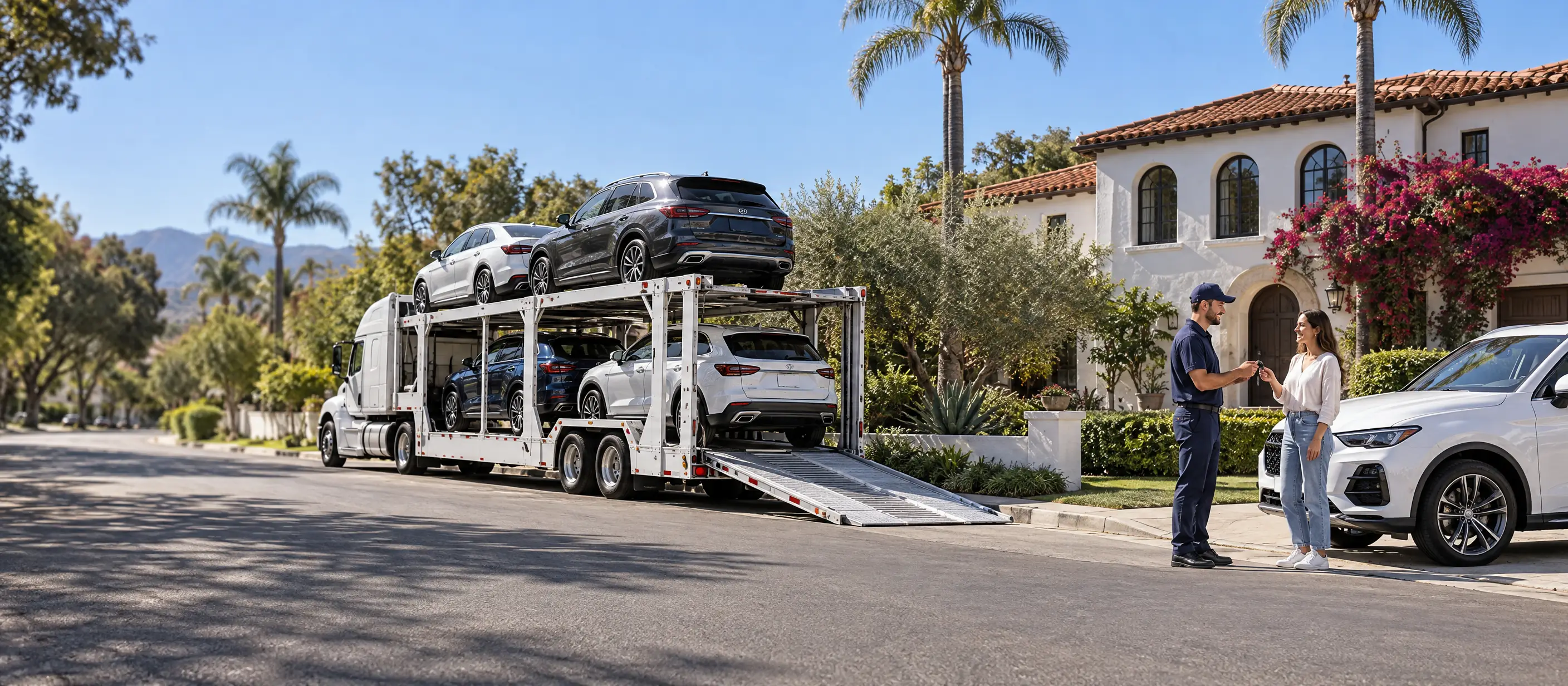 A car carrier delivering an SUV to a home in California, the driver handing the keys to the owner