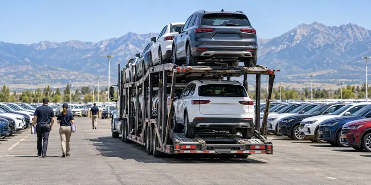 A loaded car carrier at a dealership auction lot