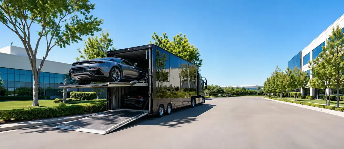 An enclosed car transport trailer loading a sports car on its liftgate
