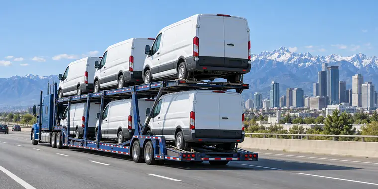 A car carrier loaded with white cargo vans on a highway