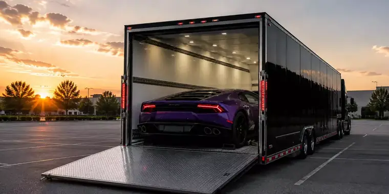 A supercar inside an enclosed trailer at sunset