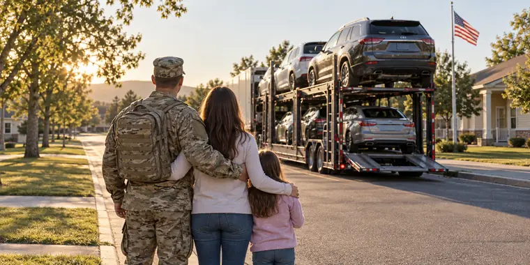 A service member and family watching their car arrive on a car carrier