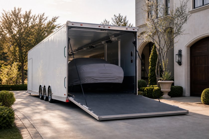 A hard-sided enclosed auto transport trailer with its liftgate lowered and a covered car inside