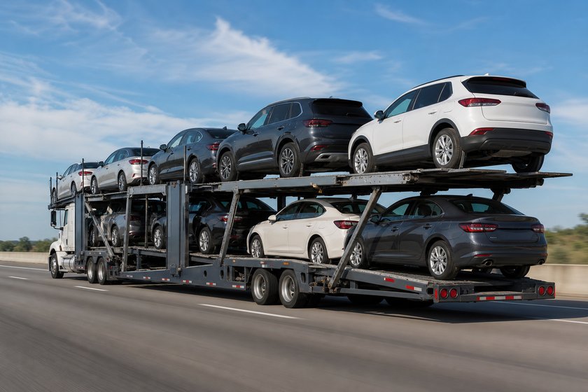 An open two-level auto transport carrier loaded with everyday cars on the highway