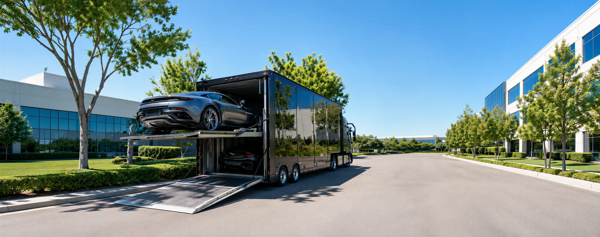 Enclosed car shipping: a sports car on the liftgate of an enclosed auto transport carrier