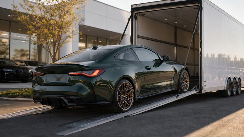 A new BMW M4 loading into an enclosed car hauler outside a dealership