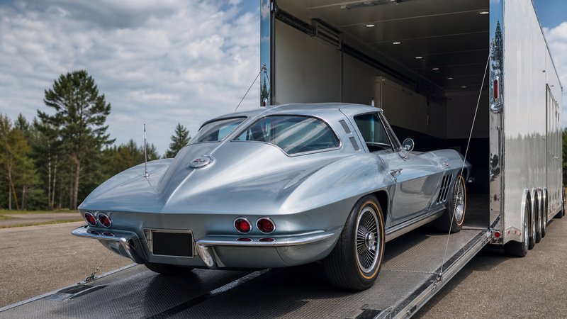 A classic split-window Corvette Sting Ray rolling into an enclosed car hauler