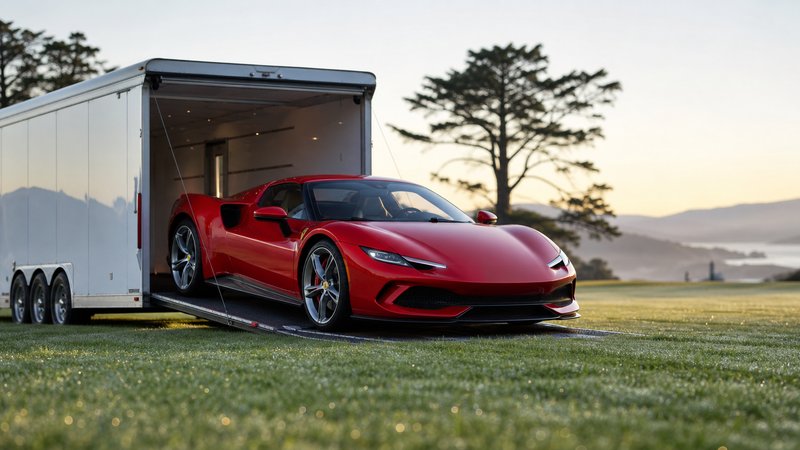 A red Ferrari rolling out of an enclosed transport trailer onto a concours lawn at dawn