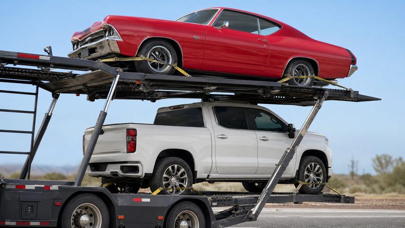 A red 1969 Chevrolet Chevelle on the top deck of an open car hauler with a new Silverado on the deck below